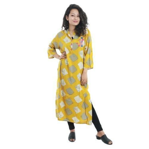 Yellow Rayon Side Floral Embroidered Printed Kurti For Women