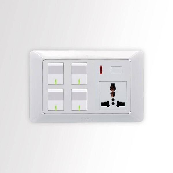 4 Gang Switch With Socket + Indicator (Dimmer Provision) - Premium Switches