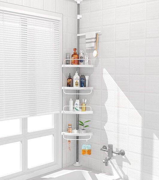 4 Layer Corner Shower Caddy, Adjustable Shower Shelf, Constant Tension Stainless Steel Pole Organizer