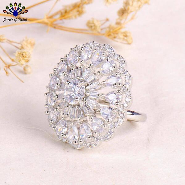 American Diamond Embellished Floral Designed Finger Ring For Women- Jewels of Nepal