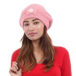 Baby Pink Woolen Inner Fur Beanie For Women