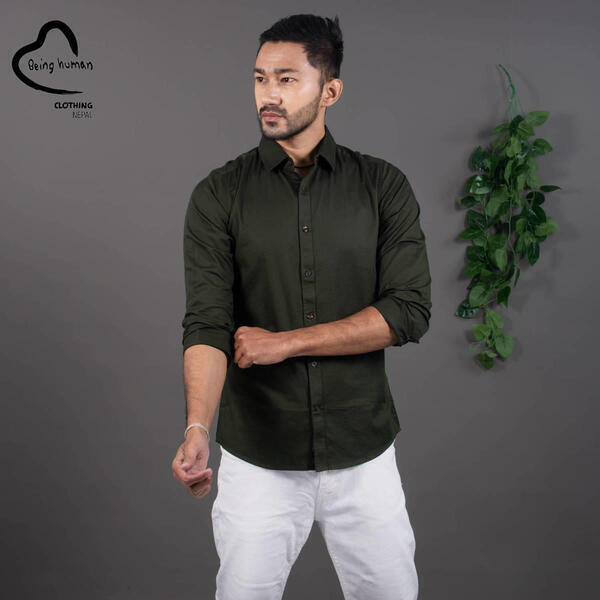 Being Human Men Bottle Green Slim Fit Solid Casual Shirt (BHMLSLV21010)