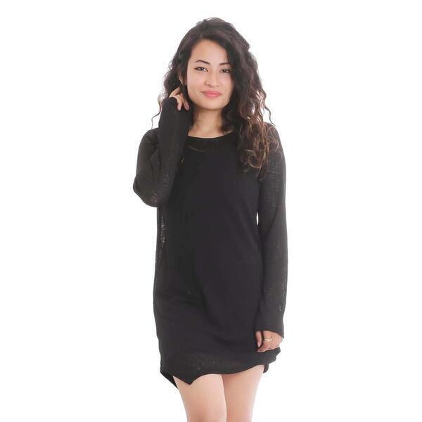 Black Cotton Mix Round Neck Design Simple One Piece For Women