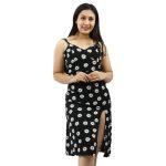 Black Cotton Sleevless Flower Printed Side Cut Design Dress For Women