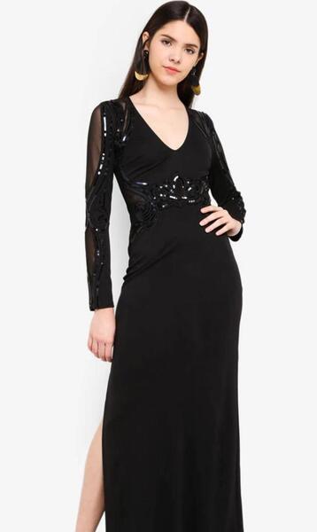 Black Long Sleeve Sequin Maxi Dress