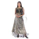 Silk Brown Print Lehenga, Velvet Choli With Net Shawl Set For Women
