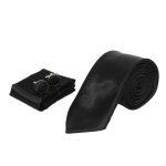 Black Solid Neck Tie With Cufflinks For Men