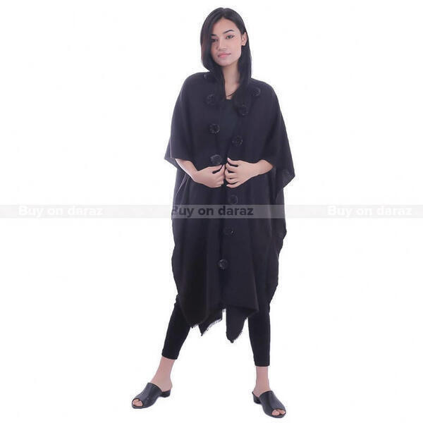 Black Solid Pompom Design Scarf For Women