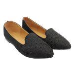 Black Stone Studded Pointed Flats For Women