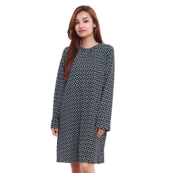 Black/White Dotted Fancy Round Neck Full Sleeved Dress For Women
