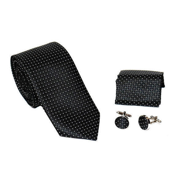 Black With White Dot Printed Box Tie Medium Sized (Cufflinks + Pocket Square )