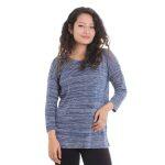 Blue Cotton Mix White Lining Round Neck Sweatshirt For Women