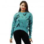 Blue Woolen Full Sleeve Printed Sweater For Women