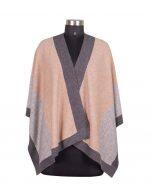 Cashmere/Wool Natural 2 Color Border Design Front Open Poncho For Women