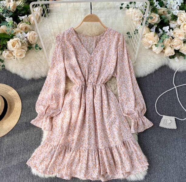 Chiffon Floral Printed V- Neck Above Knee Dress Long Sleeve Tight Waist Slim Ruffle Dress For Women