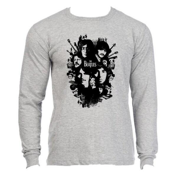 Cotton Casual Black Full Sleeve Beatles Grey Printed T-Shirt For Men