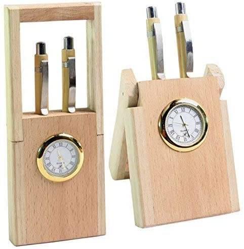 Craft Expertise Wooden Handicraft Pen Stand with Digital Clock for Office