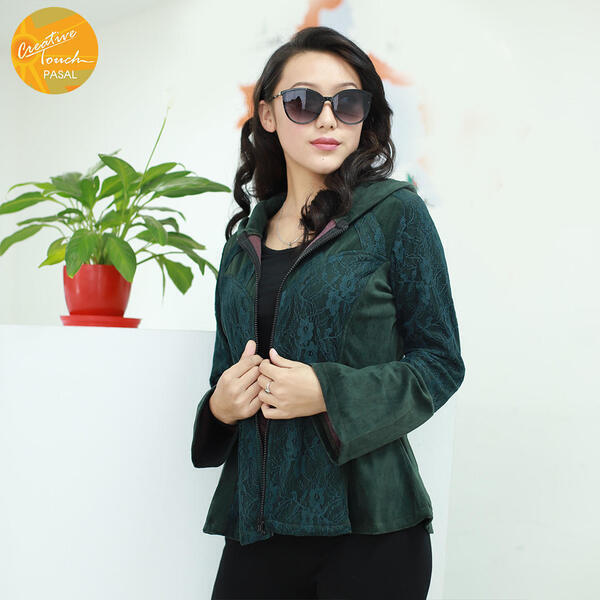 Creative Touch Dark Green Velvet with Cotton Net Front Zippered Jacket For Women WJK4380