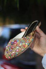 Crystal Coated Rajistani Punjabi Kolapuri Jutti For Women (ASU) (GOLD)