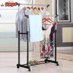 Double Pole Adjustable Stainless Steel Cloth Hanger And Organizer Rack with Wheel