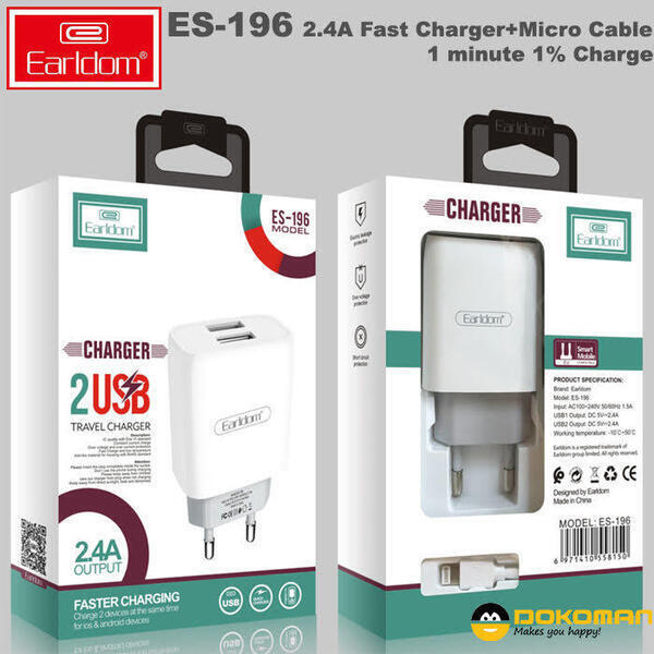 Earldom ES-196 Fast Charger 2.4A + Micro USB Cable