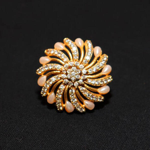 Gold Plated White Pearl Patched Zircon Fill Floral Design Adjustable Ring For Women