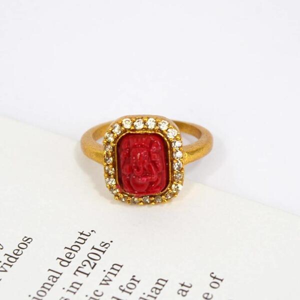 Golden Ganesh Designed Rhinestone Ring For Women
