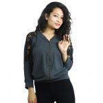 Cotton Front Zippered /Net Design Cardigan For Women