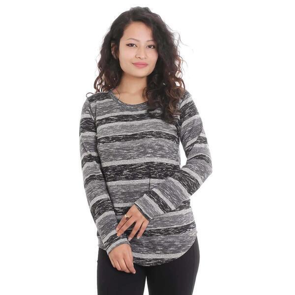 Grey Cotton Mix Round Neck Black Lining Sweatshirt For Women