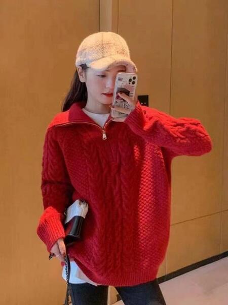 High Neck Korean Sweater Fall Winter Thicken Women 1/4 Zip Twist Knit Pullover Tops D