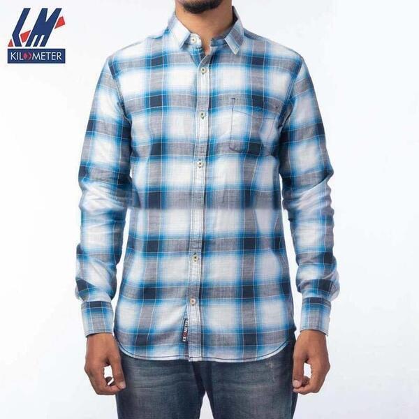 KILOMETER Blue Checkered Casual Full Shirt For Men - 002