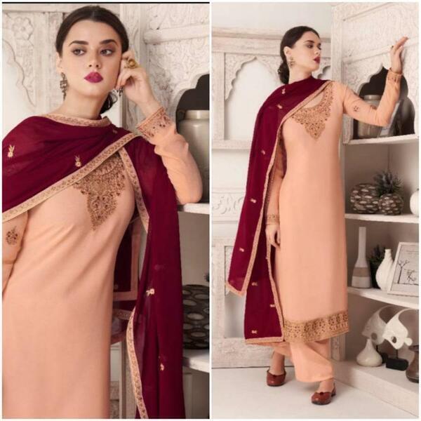 Light Peach Georgette Ladies Unstitched Kurta Surwal Piece