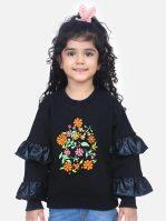 LilPicks  Black Printed French Terry Embroidered Full Sleeve SweatShirt for Baby Girls