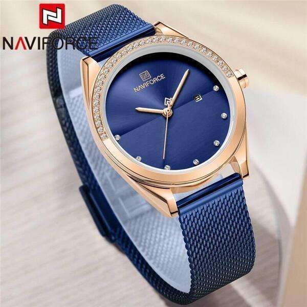 NAVIFORCE NF5015 Ladies Stainless Steel Mesh Crystal Date Display Quartz Watch - Blue