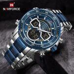 NAVIFORCE NF9189 Stainless Steel Dual Movement Digital Analog Dark Night Display Quartz Watch For Men