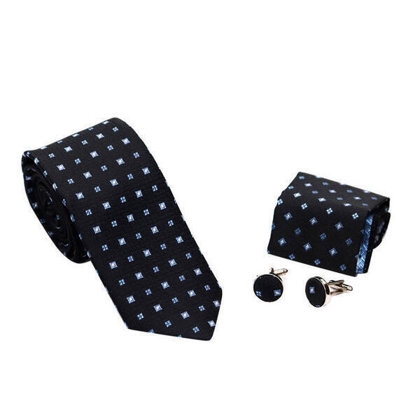 Navy Blue Star Designed Box Tie With Pocket & Cufflinks 6-7 cm