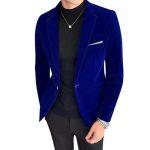 Navy Blue Velvet Slim Fit Casual Blazer