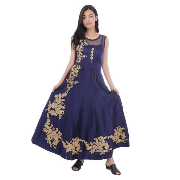 Navy Floral Embroireded Gown With Semi-Stitched Suruwal And Shawl Set For Women