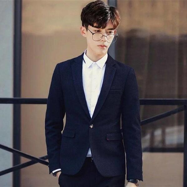 Navy Textured Korean Blazer For Men