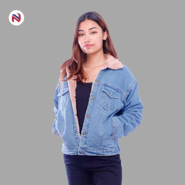 Nyptra Blue Solid Fur Denim Jacket For Women