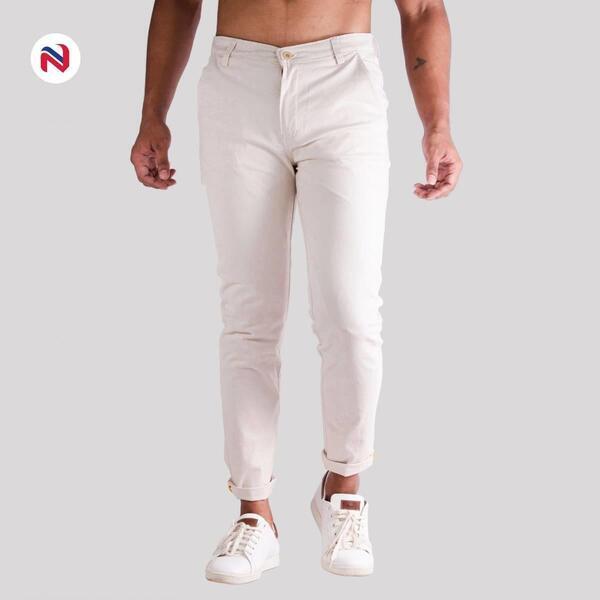 Nyptra Cream White Stretchable Cotton Chinos For Men