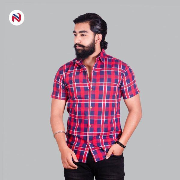 Nyptra Red Half Sleeves Premium Cotton Check Shirt For Men