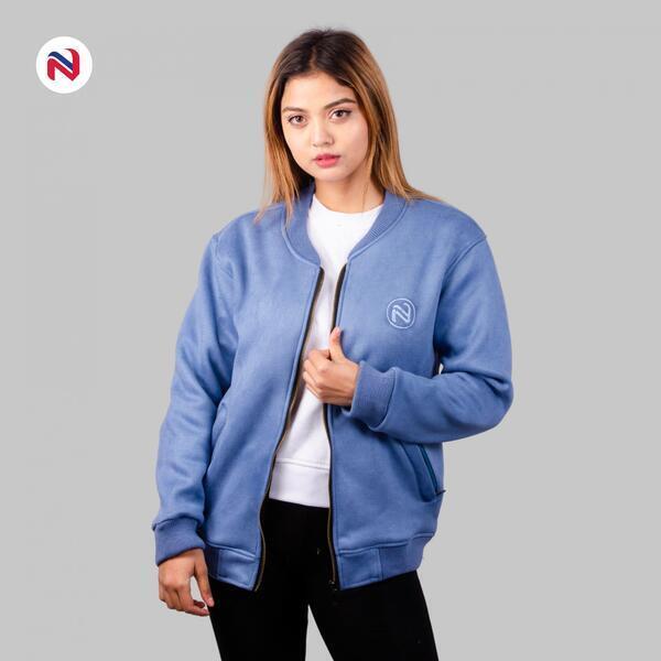 Nyptra Sky Blue Premium Oversize Swed Fur Bomber Jacket For Women