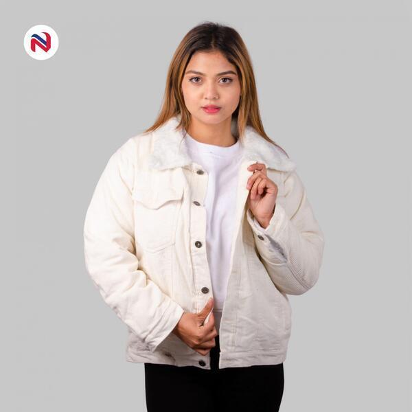 Nyptra White Solid Oversize Cotrise Fur Jacket For Women