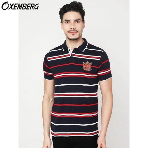 Oxemberg blue Stripe Slim Fit Polo T-Shirt For Men