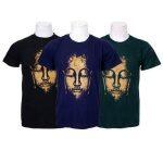 Pack Of 3 Buddha Printed 100% Cotton T-Shirt For Men- Black/Blue/Green - 019
