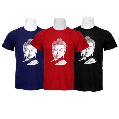 Pack Of 3 Buddha Printed 100% Cotton T-Shirt For Men-Blue/Red/Black - 05