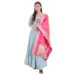 Pale Blue Silk Floral Embrodered Gown With Pink Printed Shawl Set For Women