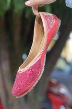 Red Crystal Coated Kolapuri Juttis For Women (RET)
