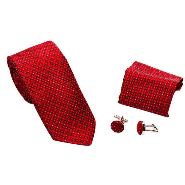 Red Round Printed Box Tie With Pocket & Cufflinks 6-7 cm